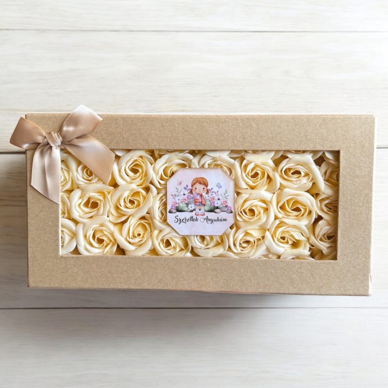 Szeretlek Anyukám – Krémszínű Szappanrózsa Box Masnival