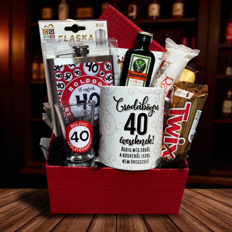 40. születésnapi ajándékbox – csodabögre, flaska, felespohár és édességek