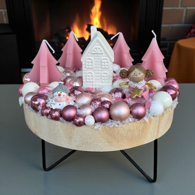 Karácsonyi asztaldísz - rózsaszín angyalkával